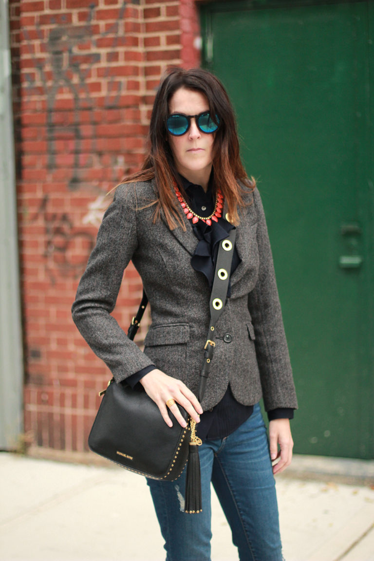A J Crew Navy Ruffle Blouse and A Micheal Kors Cross Body for a day in ...